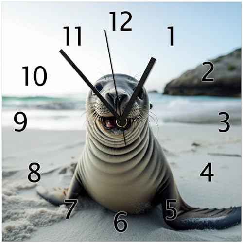 Wallario Design-Wanduhr Robbe am Strand aus Glas, Motiv-Uhr Größe 30 x 30 cm, Schwarze Zeiger