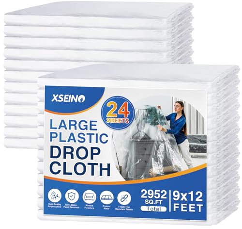 24 Pack 12 x 9 ft 0.4 MIL Large Painter’s Plastic Drop Cloth Painting Sheet-Light & Durable Dust Cover-Clear Plastic Sheet-Plastic Sheeting-Plastic Cover-Paint Drop Cloth- Plastic Floor Protector