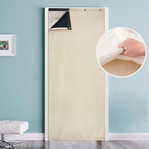 Thermal Insulated Door Curtain Winter Eyelet Doorway Cover Panel Windproof Warm Cold Protection Oxford Cloth Thicken Cotton Fiber Drapes for Living Room Garage Bedroom, Beige 82x204cm（W32*L80 in）