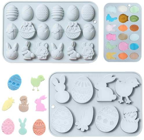 Fyfjur 2 Stück Silikonform Ostern, Silikonform Hase Ostern, Ostereier Silikonform, Schokoladenform, Küken Kaninchen Karotte Pralinenform Silikon, Silikonformen Ostern, Ostereier Silikonformen Backen