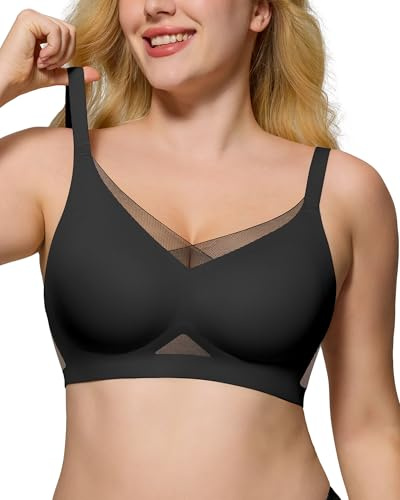 As Fairy Wireless Non-Wired Bra for Women Seamless Push Up with Soft Support Lace V-Neck Mesh Criss-Cross Back Everyday Lounge Yoga Use (Black+Nude,XL)