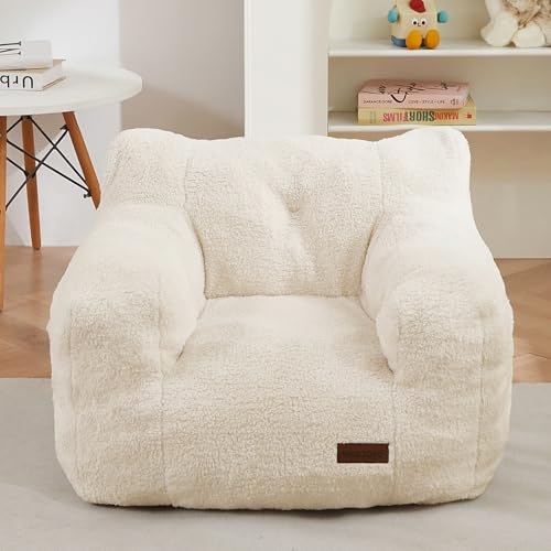 MAXYOYO Kids Sherpa Bean Bag Chair, Boucle Toddler Chair Toddler Bean Bag Couch for Girls and Boys, Teddy Lazy Sofa with Pocket for Playing, Beige