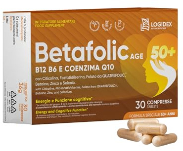 Betafolic Age - Integratore Vitamina B6 e B12, per Stanchezza, Memoria e Concentrazione, con B-Complex, Acido Folico, Citicolina e Q10 – 30 Compresse – Made in Italy Logidex