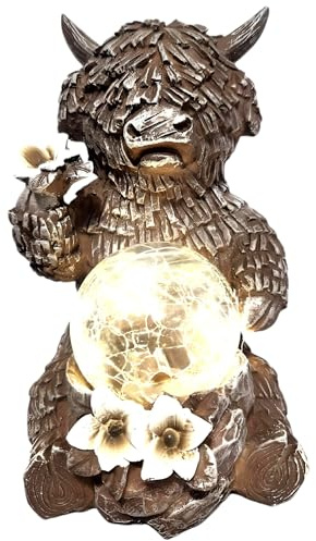 Divas World Highland Cow Solar Garden Light – LED Crackle Glass Ball Solar Ornament, 16cm Rustic Farmhouse Decor, Outdoor Country Garden Decorations, Waterproof Animal Figure for Yard, Patio, Home
