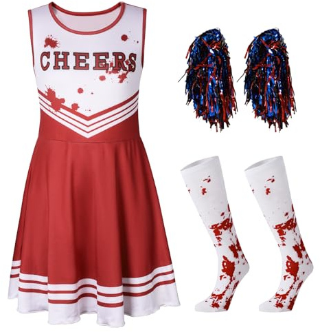 Hotfiary Kids Girls Zombie Cheerleader Halloween Costume, Red, 9-10Y