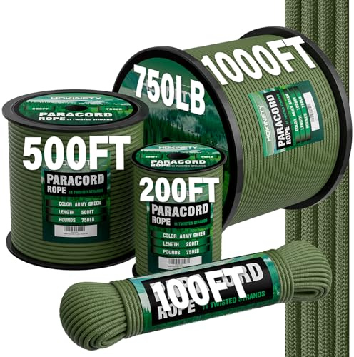 HOKINETY 750lb Paracord Rope - 4mm 11 Strand Parachute Cord Spool Rope Utility Nylon Survival String for Outdoor Camping Tent Crafting Bracelets DIY Projects - ArmyGreen 100ft