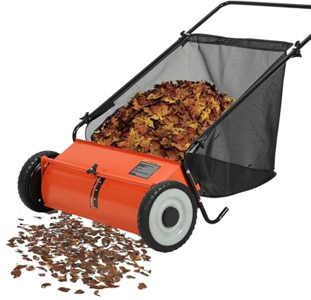 Balayeuse Poussoir Grande Capacité 200 litres, Largeur 66 cm, Fonctionnement Silencieux sans Moteur, Idéal Feuilles Et Herbe, Orange