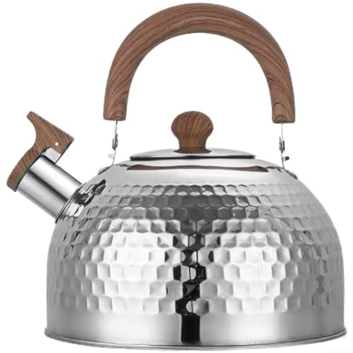 Tidgel Bollitore in acciaio inox martellato con manico ergonomico in legno, grande capacità 2L, 3L, 4L, beccuccio a fischio, fondo piatto per induzione e piano cottura a gas (argento)