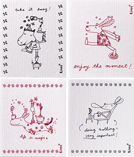 Ninelives Spültuch mit Spruch im 4er-Set | Take it Easy, Enjoy The Moment etc. I Spültuch für Geschirr, Küche, Bad | Beige Topflappen | Schwamm, Putzlappen