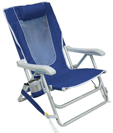 GCI Outdoor Backpack Beach Chair | Reclining Folding Chair with Durable Armrests, Drink Holder & Carry Straps, Perfect for Beach Trips & Picnics — Nautical Blue