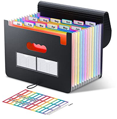 ThinkTex Expanding File Folder 12 Pockets Accordion File Organizer/Portable Expandable Plastic Filing Box, Accordion Bill/Paper/Document/Receipt Organizer Folders with Colored Tabs(A4/Letter Size)