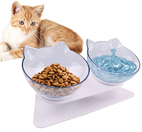 Erhöhter Katzennapf 15° Neigung, Doppel Fressnapf mit Ständer, Anti-Erbrechen, rutschfest, Transparente Kunststoffschalen für Katzen & Kleine Hunde, Kätzchen Futternapf