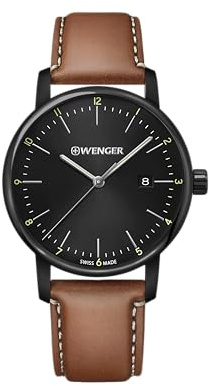 WENGER Herren Armbanduhr Urban Classic Ø 42mm, Swiss Made, Analog Quarz, Wasserdicht bis 100m, Leder-Armband, Schwarz/Braun, 01.1741.136