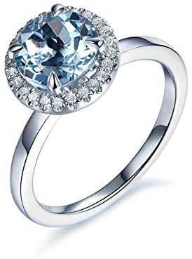 Beydodo Trauringe aus Weißgold 750, Weißgold Ringe Hochzeit Halo mit 1.32ct Rund Aquamarin Verlobungsring Größe 56 (17.8)