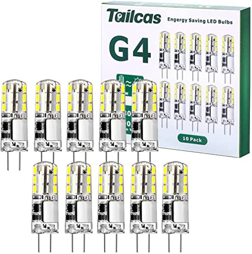 Tailcas G4 LED Bulbs Cool White, 1.5W 12V Mini Capsule Light Bulb, 10 Pack | 20W Halogen G4 Lamp Equivalent, AC/DC Bi-Pin Base JC Type Non-dimmable G4 Bulbs for Lighting Decor, Chandelier Home