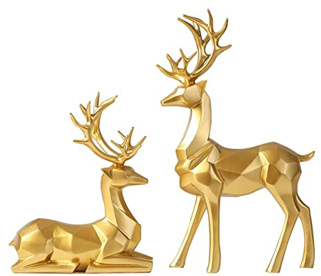 Herbests 2 Stück Nordische Origami Hirsch Ornamente Weihnachts Rentier Figuren Geometrische Harz Sitzend Stehend Elch Statue Modell Skulptur Sammlung Geschenke TV Schrank Hausdekoration Mittel Gold
