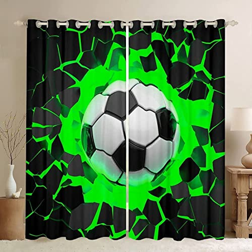 GrüNer FußBall Vorhang Blickdicht Gardinen mit Ösen 3D Druck Sport Blickdichte Vorhänge Wärmeisolierend Kind Vorhang verdunkelung Wohnzimmer Schlafzimmer 2 Stück 140x175 cm (BxH)