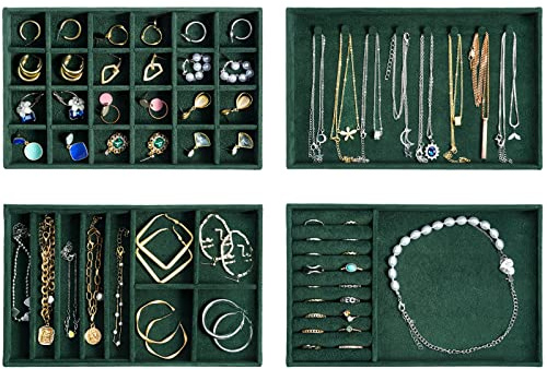 ProCase Schmucktablett Organizer mit 4 Schmuckschalen, Stapelbar Schmuck Schublade Organizer, Schmuckaufbewahrung für Ohrringe Ringe –Grün