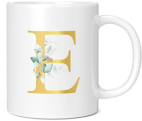 Taza de café con letra E personalizada, regalo personalizado, letra impresa con efecto dorado, no metálica, taza de café de cerámica para hombres o mujeres, taza extra grande y gigante, taza blanca