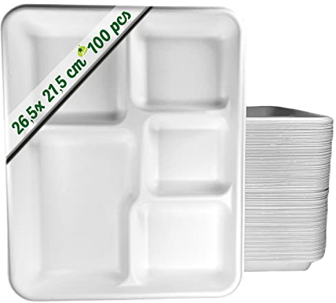 GoBeTree 100 Piatti monouso da 26 cm con 5 scomparti. Piatti in canna da zucchero, stoviglie monouso extraforti di colore bianco. Piatti rettangolare.
