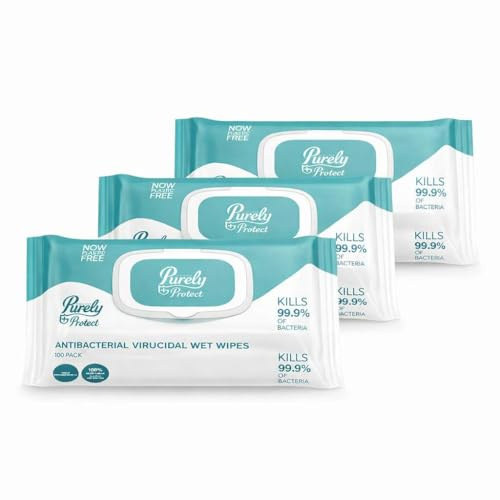 Purely Protect Antibacterial & Virucidal Wet Wipes | Biodegradable, Plastic‑Free, Eco‑Friendly Cleaning Wipes | For Home, Office, Workplace & Industrial Use (3 Packs of 100)