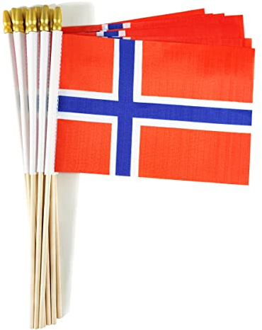QQSD Bandiera Norvegia, piccola bandiera norvegese, mini bandiere tenute in mano, asta in legno massiccio con punta a lancia, confezione da 12