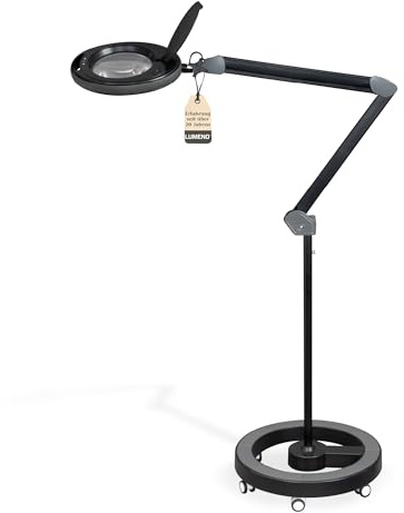Lumeno dimmbare LED Lupenleuchte 8515SW mit großer 152 mm Echtglaslinse, einstellbare Helligkeitsstufen, geeignet als Arbeitsleuchte, Lupenlampe, Lesehilfe, 5 Dioptrien mit Rollstativ Schwarz