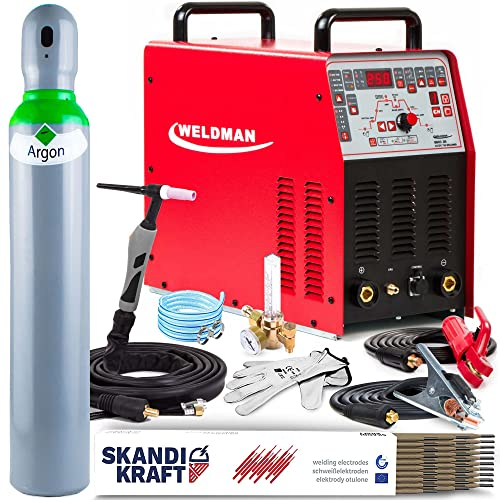 Weldman Bravo 250-230V 250A WIG Schweißgerät AC DC Puls und MMA - Punktschweißen - AC/DC-Betrieb, HF-Zündung, Wellenformauswahl, Pre Flow und Post Flow - Job-Speicher, Set: Professional