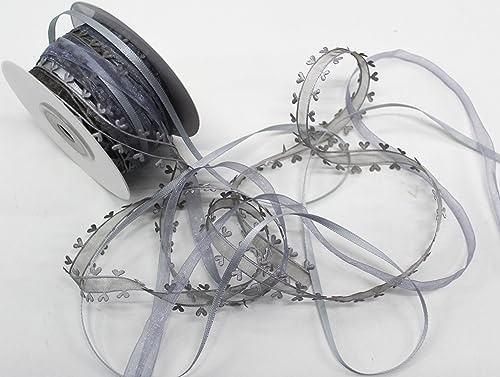 CaPiSo 10m Trendyband 3 Bänder in Kombination mit Herz 15mm Organza Satinband Geschenkband Herzband Schleifenband Dekoration (Silber)