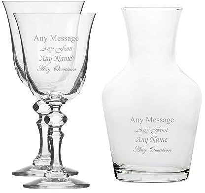 Personalised Engraved Set of 2 Crystal Jasmine Wine Glass and 500ml Vin Carafe Set, Customise with Any Message for Any Occasion, Stylize from a Variety of Fonts, Gift Boxes Included, Laser Engraved