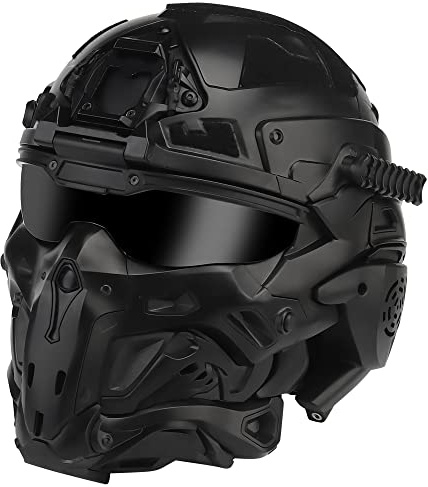 Tactical Full Face Head Helmet with Build in-Headset & Anti-Fog Fan Airsoft Military Fast Helmet Googgle Mask Set Paintall Cosplay (Black)