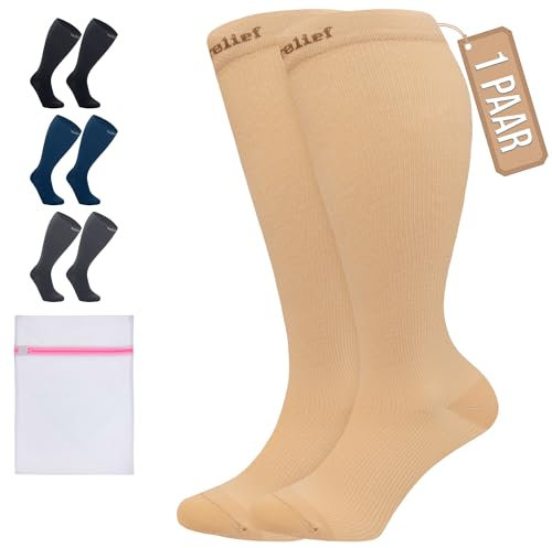 360 Relief Medias de Compresión para Mujeres y Hombres - 1 Par Tallas Grandes Calcetine de Compresión para Deportes, Correr, Volar, Viaje, Trabajo, Footing - 3XL Beis con Bolsa de Malla