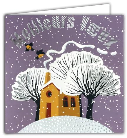 Quadratische Karte, silberfarben, glänzend, mit weißem Umschlag, 15 x 15 cm – verschneite Landschaft Winter Vögel Haus gelb Bäume ohne Blatt Kamin Weihnachtsmann Party Frohes Neues Jahr – hergestellt