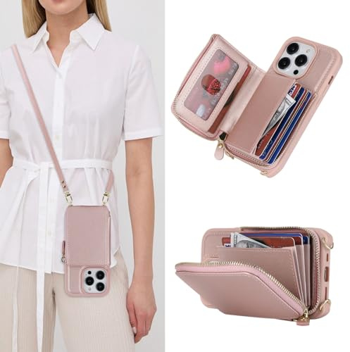 Zouzt for iPhone 14 Pro 6.1 Inch Case with Cord and Card Holder, PU Leather Zipper Wallet Case Crossbody Lanyard Strap with Adjustable Necklace and Wrist Strap Protective Phone Cover (Pink)