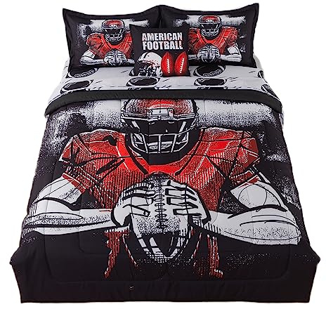 qjmiaofang 6Pieces Football Bedding Full Size Kids American Football Comforter Set for Boys Teens Sport Bed in A Bag with Balls Sheets All Season Football Player Printed Bed Set with Pillowcases Decor
