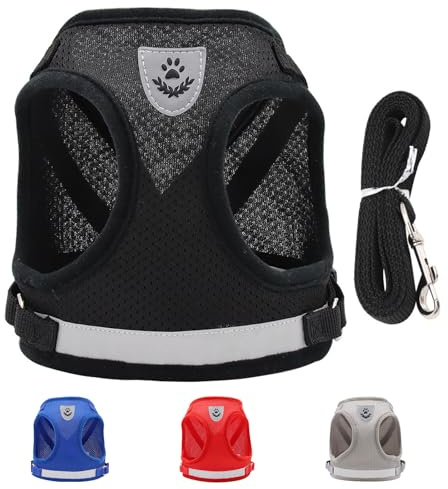 Hundegeschirr und Leine Set, Weich Mesh Gepolstert Geschirr, Air-Mesh Atmungsaktive Brustgeschirr, Verstellbare No Pull Reflektierend Brustgeschirr für Welpen Mittlere Klein Hunde