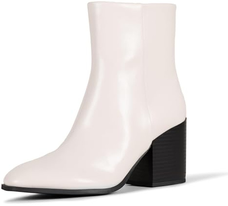 Amazon Essentials Women's Clean Stacked Heel Ankle Boots with Side Zipper, Memory Foam Insole, Flexible Non-Slip Outsole, Ivory, 13