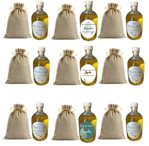 Botellas Regalo Aceite Oliva Personalizado + Saquito Botellas Comunión Bautizos, Regalo Bodas, 50 ml Detalles para Invitados de Boda - Aceite de Oliva Virgen extra (12)