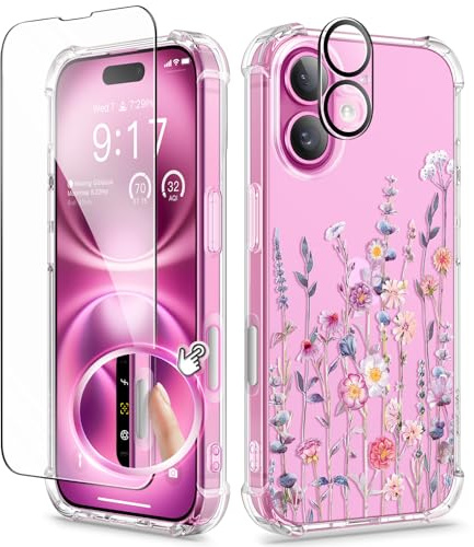 GVIEWIN Compatible with iPhone 16 Case 2024,[Camera Control Button]with Screen Protector&Camera Lens Protector,Shockproof Drop Protection Anti-scratch Clear Floral Cover for Women, Floratopia/Colorful
