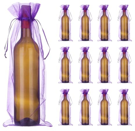 sourcing map Organza-Weinbeutel, durchscheinende Netz-Wein-Geschenkbeutel mit Kordelzug für Hochzeit, Geburtstag und Dusche, deep purple