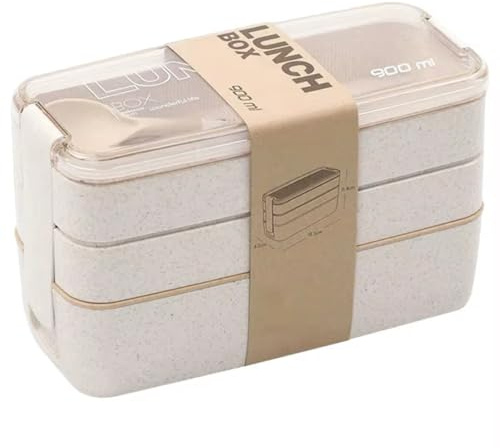 CUTLERIA Bento Lunch Box | Japanese Lunch Box Kit with Spoon & Fork | 3-in-1 Compartment Meal Prep Containers for Kids & Adults (Beige)
