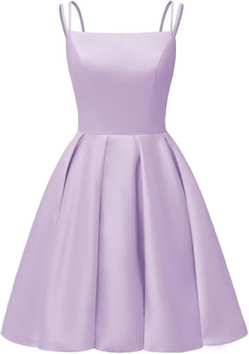 YIANN Satin Lilac Prom Dresses Short 2024 for Teens Knee Length Bridesmaid Dress Spaghetti Strap Cocktail Gown UK8