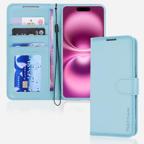 TECHGEAR iPhone 16 Leather Wallet Case, Protective Flip Case Cover with [RFID BLOCKING] Wallet Card Holder, Stand and Wrist Strap - Light Blue PU Leather with Magnetic Closure for iPhone 16 6.1