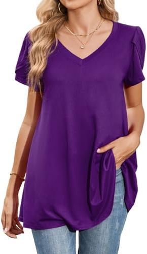 Enmain tunika toppar för kvinnor sommar kortärmad v-ringad damer tunika för leggings lös passform lång klänning t-shirt blusar ledig gunga, Lila, 4XL