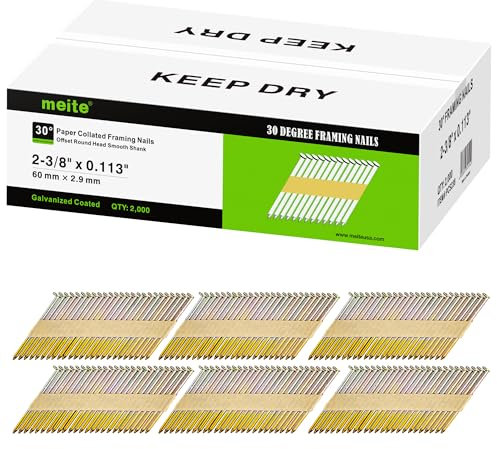 meite 30 Degree Framing Nails 2-3/8 Inch Galvanized Paper Collated Nails for 30-34 Degree Framing Nailer Gun, Offset Round Head Smooth Shank Nails for Decking Sheathing Shed Building 2,000PCS