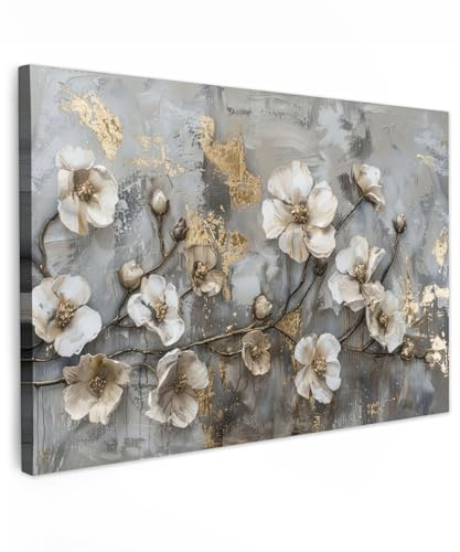 MuchoWow© Leinwandbild Groß XXL Dekoration Wohnzimmer Bilder Pictures Wall | 120x80 cm - Decoration Living Room Wohnungs Deko Moderne Bild Blumen - Weiß - Grau - Gold - Luxus