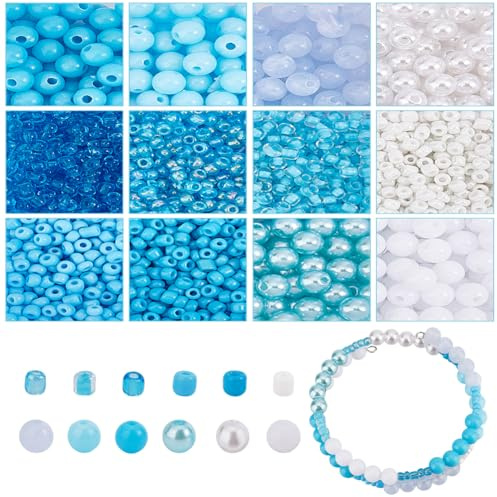 PH PandaHall Glasperlen für Schmuck, 2960 Stück, rund, 6 mm und Samen 3 mm, weiß und blau, für Armbänder, Halsketten, Stifte
