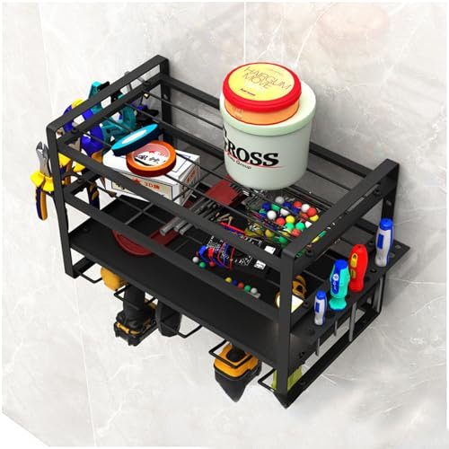 4-Tier Power Tool Organizer, Wall Mounted Heavy Duty Drill Rack, Holds 4 Electric Drill Tools, Cordless Drill Storage Rack with Side Screwdriver Holder and Hooks, Suitable for Garage, Workshop