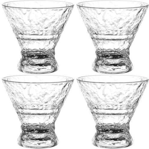 VAVPUP 4Pcs Martini Glasses Set, 8 OZ Transparent Cocktail Cups,Stemless Martini Cups Reusable Plastic Cocktail Cup,Multifunction Margarita Cup for Gimlet,Margarita,Drink,Juice,Party,Gift (Textured)