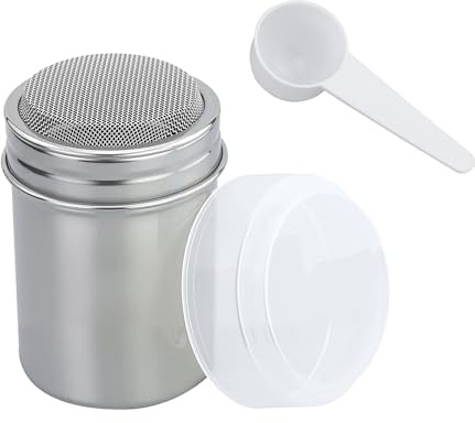 Pudersockerströare med färsk kakaoströare för cappuccino rostfritt stål shaker skydd dammsockerströare, mjölströare, saltströare, kaffe, socker, salt, kakao, med 1 vit mätsked